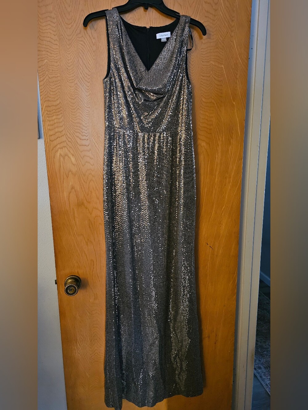 Calvin Klein Gold Sequin Cowl Neck Formal Evening Dress